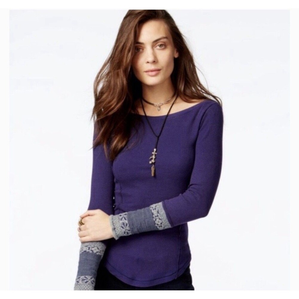 Free People Rosey Cuff BlueTop Shirt M Thermal Waffle Knit Crochet Indigo Bella